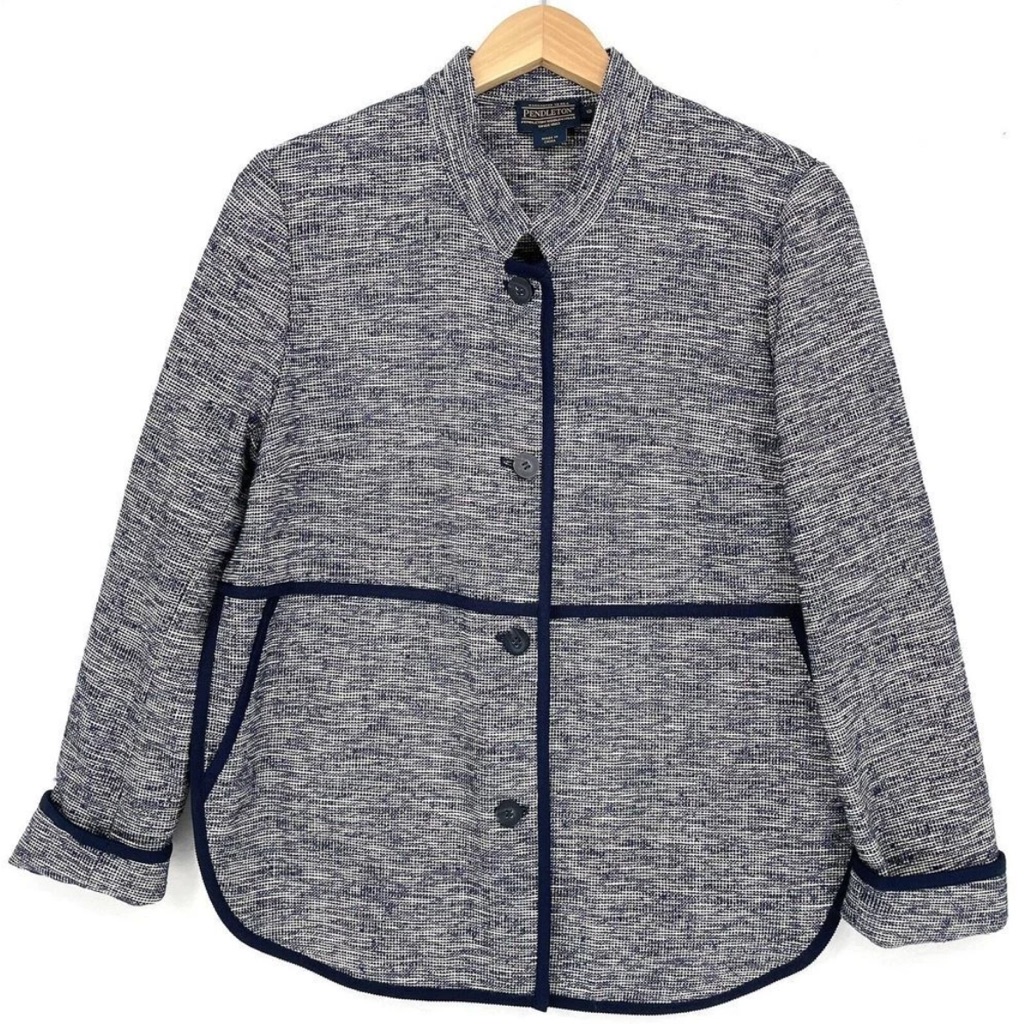 Pendleton Button Front Jacket Blazer Contrast Trim Blue Tweed